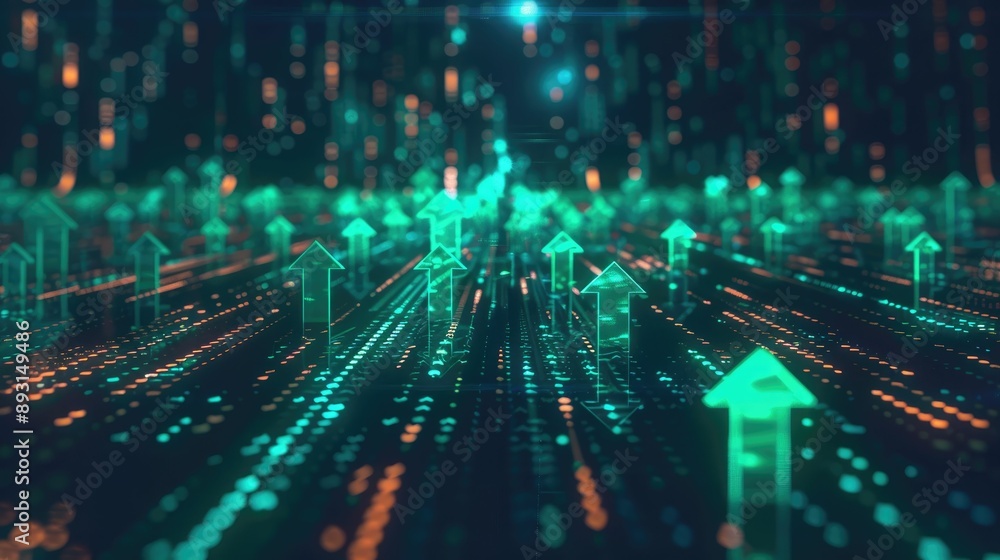 Investment concept with green arrows emerging from a digital grid Investment concept with green arrows emerging from a digital grid