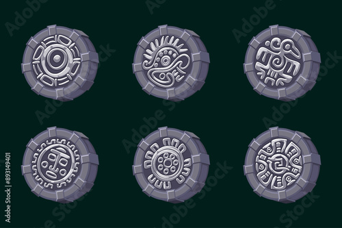 Vector design of stone symbols of ancient Aztec Civilization, hieroglyphs of the Maya calendar. Symbols for your 2D games or slots
