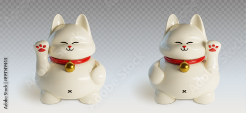 3d lucky cat. Japanese cute animal illustration. Fortune for money tradition figurine object in red collar with gold ball. Retro asia culture waving mascot for wealth isolated asset collection.