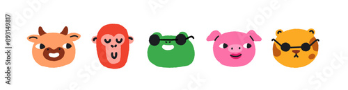 Cute animal heads in fun comic doodle style. Funny characters, cat and frog in sunglasses, happy cow and pig, cool monkey. Humor avatars set. Flat vector illustration isolated on white background