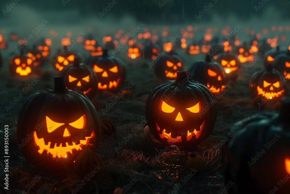 Spooky Jack Lanterns in a Foggy Field Spooky Jack Lanterns in a Foggy Field