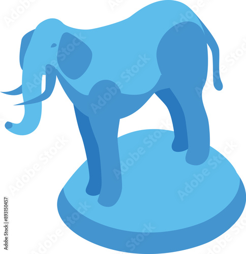 Blue elephant statue standing on a pedestal, isolated on a white background