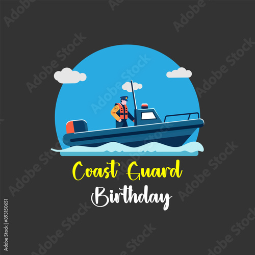 Flat Design Coast Guard Speed Boat Illustration. This flat design illustration features a simple coast guard on a speed boat, perfect for a coast guard themed birthday celebration. Bright and cheerful