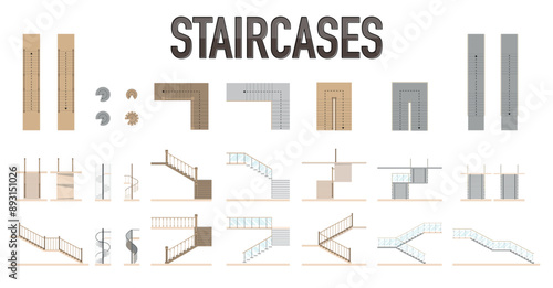 Architectural Plan, Front and Side Elevation Views of Staircases In Different Shapes