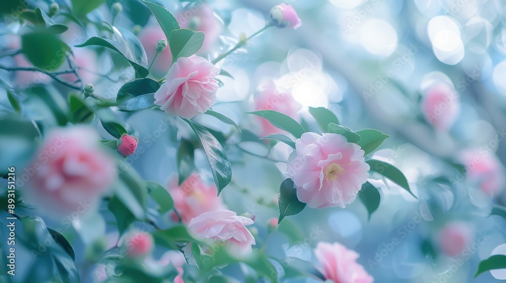 A fresh and natural background with red flowers blooming on branches A fresh and natural background with red flowers blooming on branches