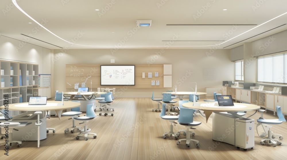 A sleek classroom featuring ergonomic furniture, light wooden floors, and digital tools A sleek classroom featuring ergonomic furniture, light wooden floors, and digital tools