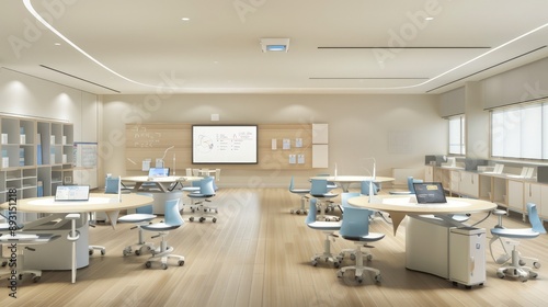 A sleek classroom featuring ergonomic furniture, light wooden floors, and digital tools