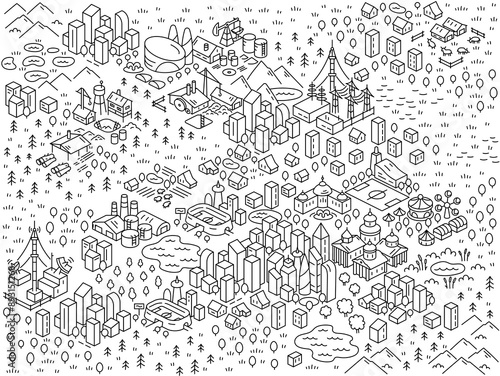 Vector Illustrations of isometry modern city. Area map sketch. Vector editable outline line stroke.