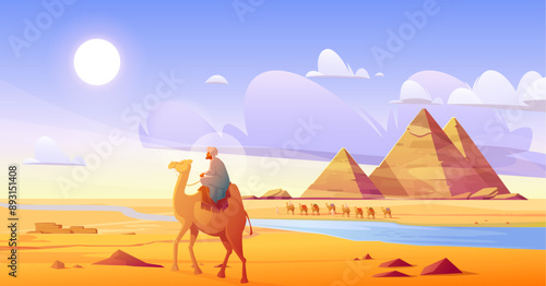 Male rider on camel in Egyptian desert with hot dry sand surface, water in river and pyramidon horizon. Cartoon vector illustration of walking bedouin on dromedary in Africa Sahara landscape.