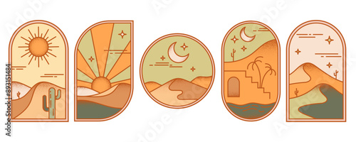 Desert boho logo with sun and mountains. Vector abstract bohemian illustration with moon cactus and minimal landscape. Arch and windows shapes set. Design elements for poster and decoration