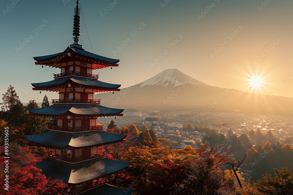 Obraz premium Chureito Pagoda and Mount Fuji in the background, bright sunny day with clear sky, golden hour lighting, cityscape of peaceful autumn season at foot of mountain, high resolution photography 