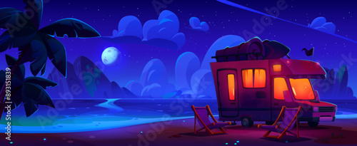 Night sea or ocean beach with camper van and two lounge chairs on shore. Dark dusk landscape with tourist motorhome. Cartoon vector illustration of summer vacation trip and adventure on caravan car.