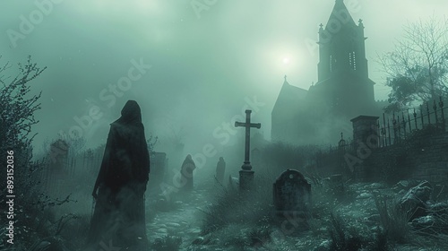Haunted churchyard with eerie fog and ghostly figures
