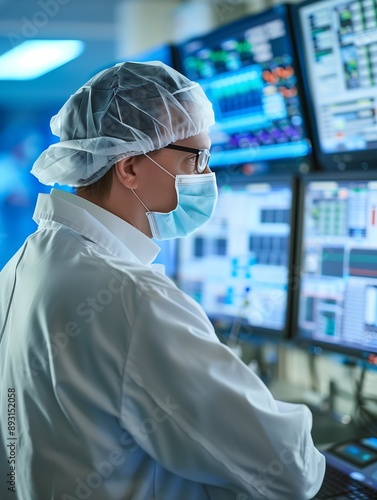 A Man in a White Lab Coat and a Protective Mask is Focused on Monitors