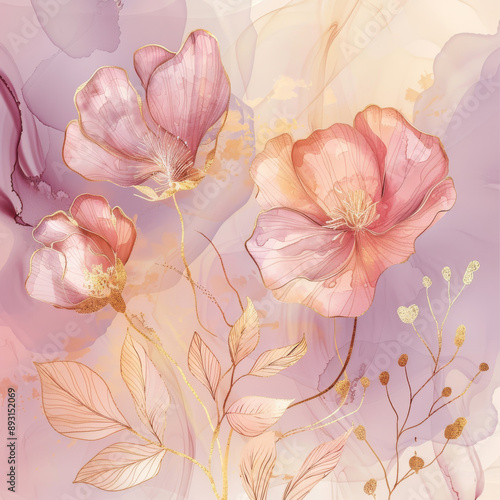 Golden line art flowers and botanical leaves on a watercolor background create a luxurious abstract art wallpaper. This vector background is perfect for posters, banners, websites, and packaging. photo