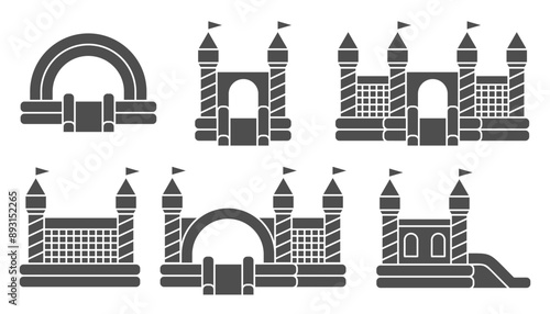 Bouncy castle icons set. Inflatable house pictograms with slide for air trampoline park and children playground. Inflated equipment for amusement park and kids zone. Vector glyph illustration