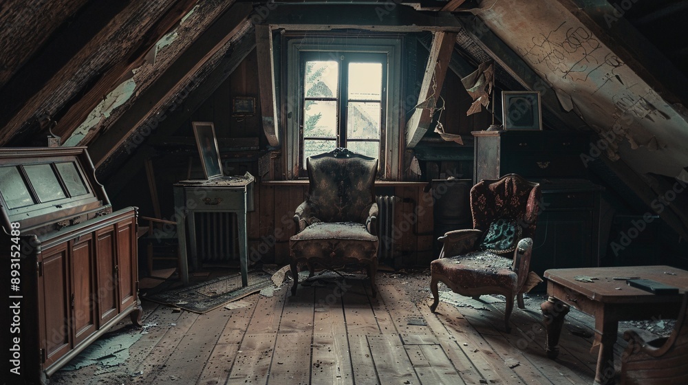 Haunted attic with old, dusty furniture Haunted attic with old, dusty furniture