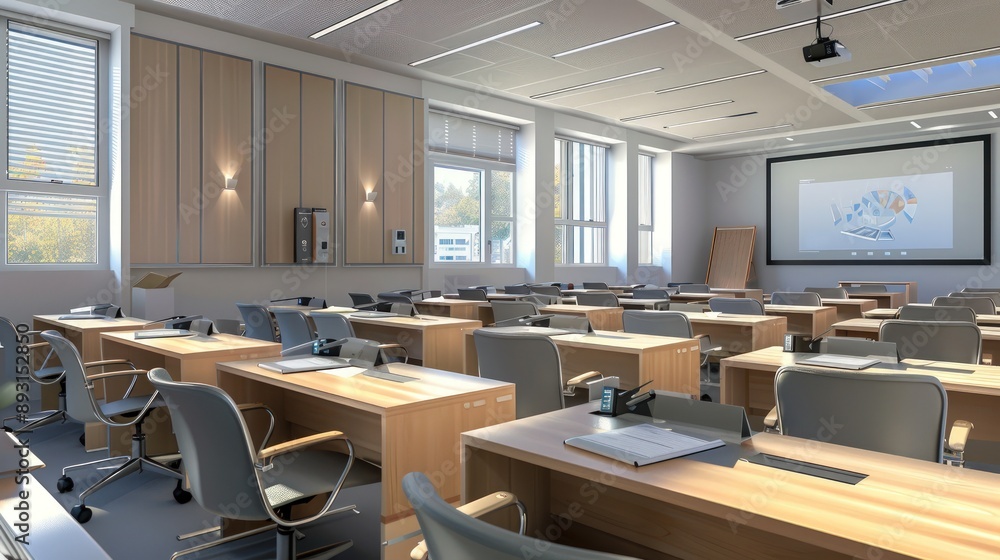 A spacious classroom with light wooden desks, grey chairs, and a digital projector A spacious classroom with light wooden desks, grey chairs, and a digital projector