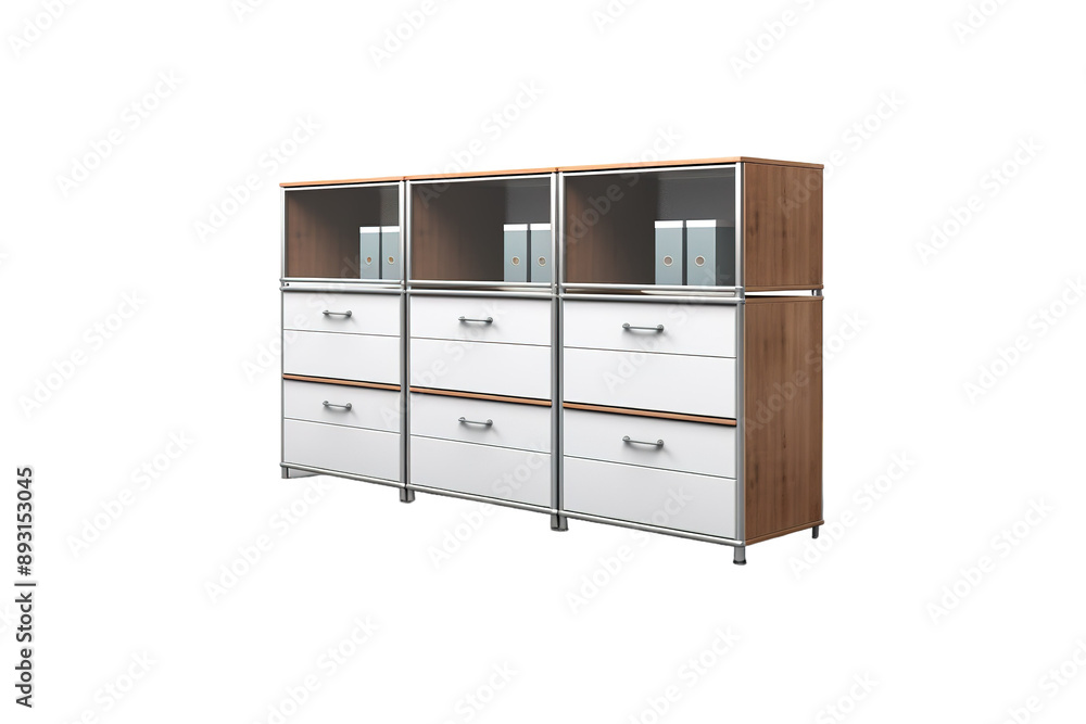 A Modern White and Wood Office Cabinet System With Glass Doors on a Clear PNG or White Background. A Modern White and Wood Office Cabinet System With Glass Doors on a Clear PNG or White Background.