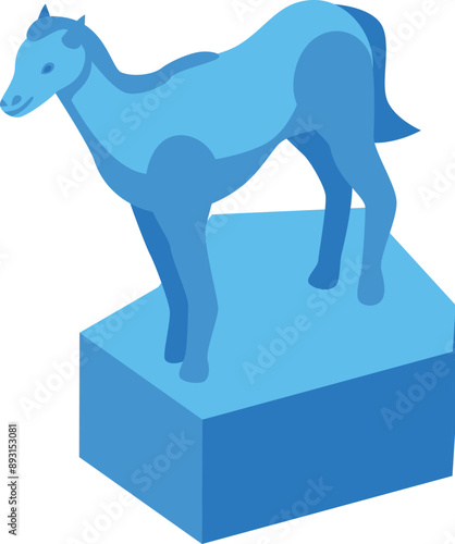 Blue horse sculpture standing on a pedestal isometric illustration isolated on white background