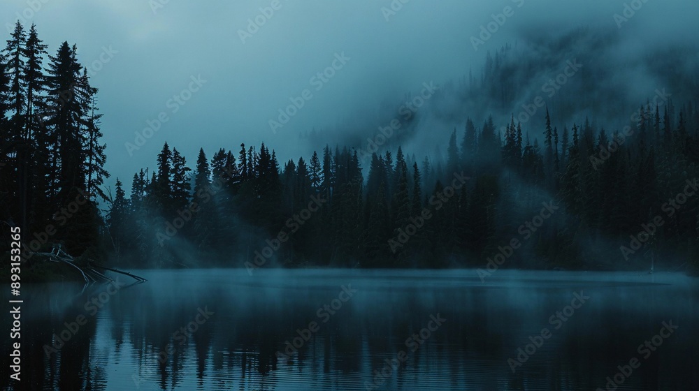 Eerie mist over a dark forest lake Eerie mist over a dark forest lake