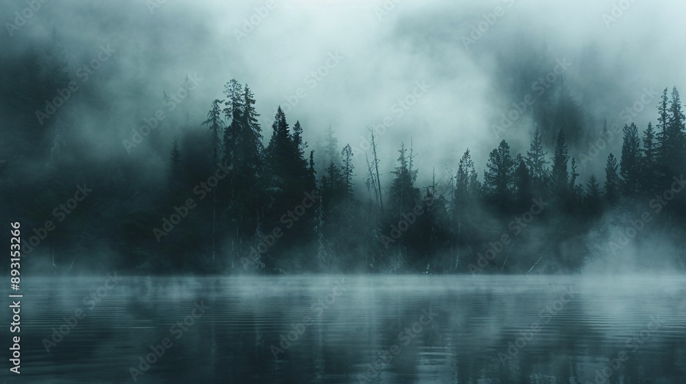 Eerie mist over a dark forest lake Eerie mist over a dark forest lake