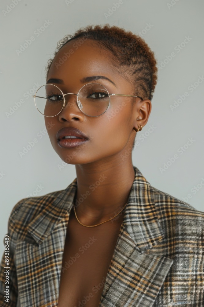 Black woman with short hair and glasses in a plaid blazer, looking poised Black woman with short hair and glasses in a plaid blazer, looking poised