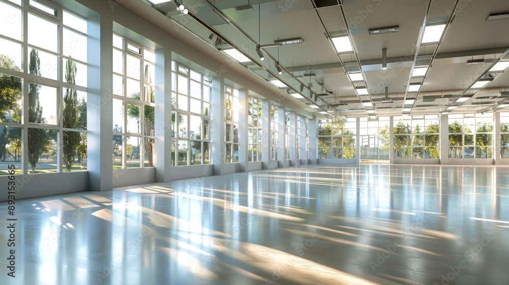 A spacious dance hall featuring large windows and a bright, airy feel A spacious dance hall featuring large windows and a bright, airy feel