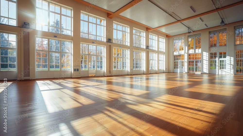 A spacious dance hall with a bright, airy atmosphere and large windows A spacious dance hall with a bright, airy atmosphere and large windows