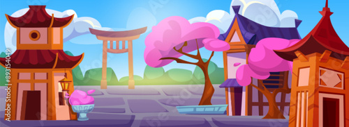 Chinese house in village. China town street vector background. Japan or Korea traditional temple exterior and sakura tree scenery design. Vietnam architecture cityscape with road and cherry in spring