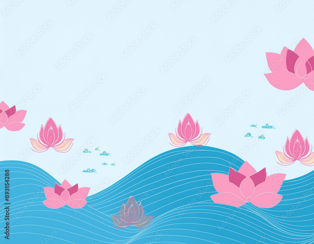 Waves with Floating Lotus Flowers Waves with Floating Lotus Flowers