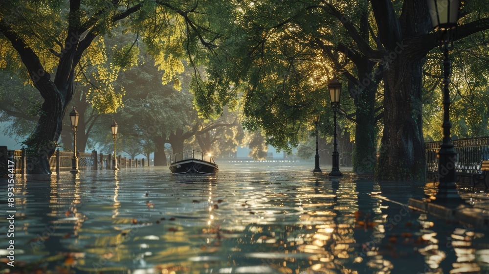 Obraz premium A Boat Is Floating Down a Flooded Street With Trees and Benches in the Background - Generative AI