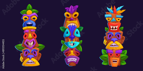 Exotic tiki masks set isolated on black background. Vector cartoon illustration of tribal wooden totems, traditional hawaiian attributes, faces with toothy mouth, decorated with leaves and earrings