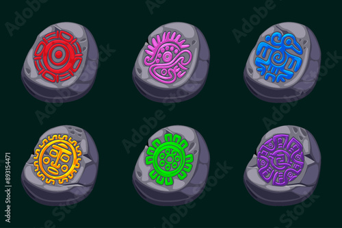 Vector stone with colored Aztec symbols, hieroglyphs of the Maya calendar. Symbols for your 2D games or slots