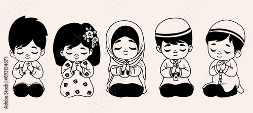 Collection of multiethnic religious children praying. Muslim, Islam, Christian, Catholic girls and boys in traditional clothes on their knees with hands folded in prayer. Vector Isolated hand drawings