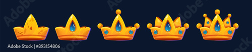 Game progress crowns set isolated on black background. Vector cartoon illustration of golden royal decoration with blue gemstones, diamond crystals, gaming achievement sign, monarchy power symbol