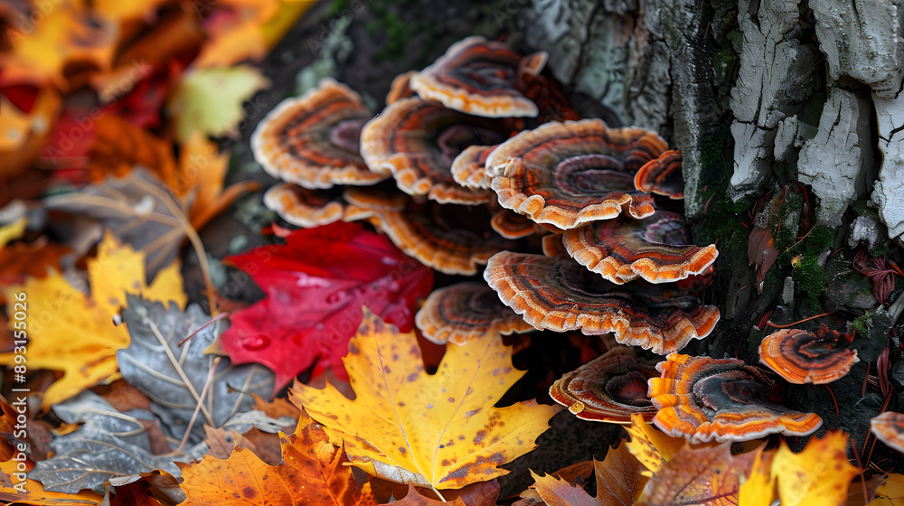 mushrooms growing at the base of a tree, with colorful autumn leaves in the background. mushrooms growing at the base of a tree, with colorful autumn leaves in the background.