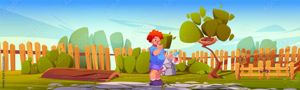 Obraz premium Boy on backyard garden with juice jug illustration. Green tree, lawn and bush summer nature landscape. Child with cocktail glass in park. Soda or lemonade jar to drink on sunny day. Log on paved path