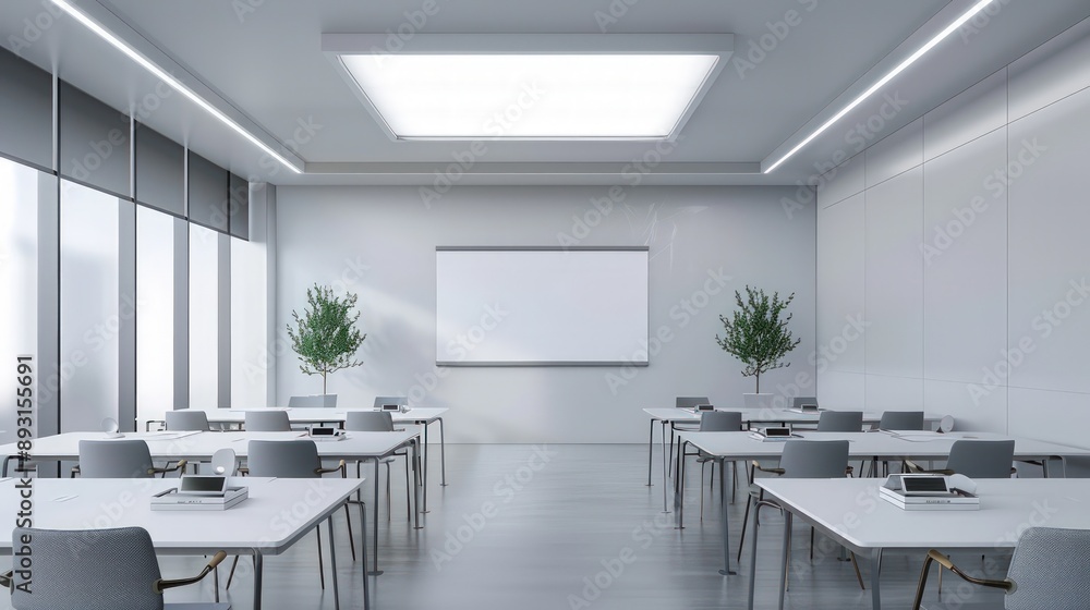 A spacious presentation room with minimalist desks, chairs, and a clean whiteboard A spacious presentation room with minimalist desks, chairs, and a clean whiteboard