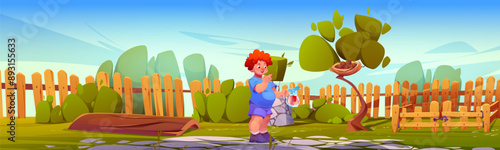 Boy on backyard garden with juice jug illustration. Green tree, lawn and bush summer nature landscape. Child with cocktail glass in park. Soda or lemonade jar to drink on sunny day. Log on paved path
