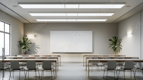 A spacious presentation room with minimalist desks, chairs, and a clean whiteboard