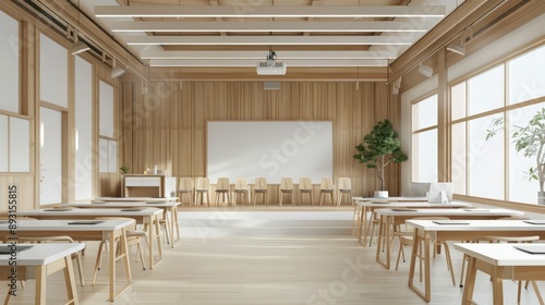 A spacious presentation room with minimalist desks, chairs, and a clean whiteboard