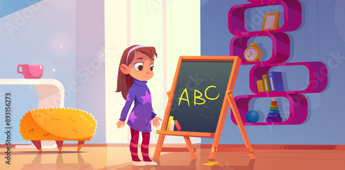 Girl kid in school room near blackboard vector. Kindergarten class for student. English lesson for child character write on board abc. Cute and smart preschool baby learning letter in playroom