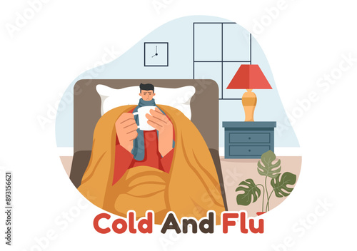 Vector Illustration of Sick People with Flu and Cold Wearing Thick Clothes, Hand Drawn in a Flat Cartoon Style for Healthcare Purposes on a Background