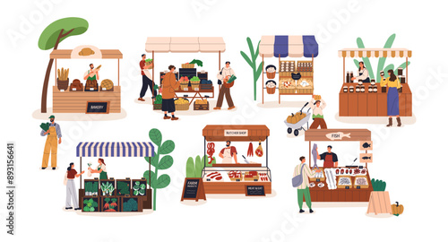 Farmers market stalls. Vendors selling natural organic domestic produce. Buyers at counters, vegetable and butcher shop. Local outdoor fair. Flat vector illustration isolated on white background