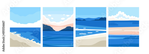 Ocean abstract poster. Sea landscape set, contemporary art print template, Nature backgrounds for social media. Minimal style vacation backdrop, summer seaside beach. Vector flat trendy illustration