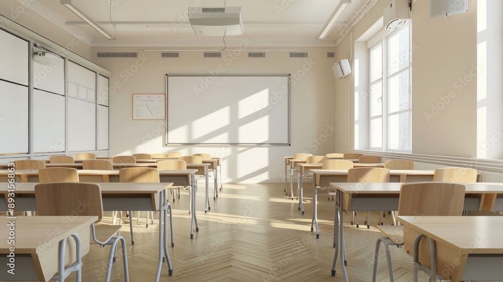 A tidy classroom with ergonomic chairs, light wooden desks, and a whiteboard A tidy classroom with ergonomic chairs, light wooden desks, and a whiteboard