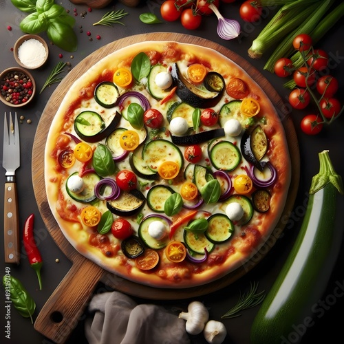 Pizza Ortolana, A pizza with a variety of seasonal vegetables, such as zucchini, eggplant, bell peppers, and cherry tomatoes, along with mozzarella cheese. photo