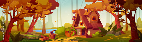 Cozy rural house with wooden roof and porch in forest on shore of lake or river in autumn. Cartoon vector fall season landscape with cottage on riverside with orange leaves trees and blue water.