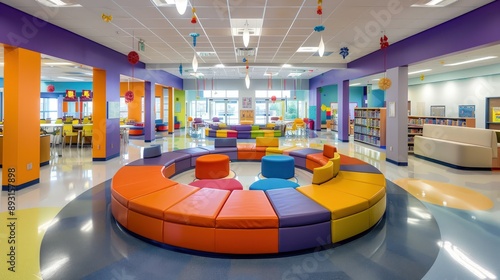 A vibrant learning center with circular seating and playful, modern d?(C)cor